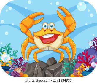 Happy crab surrounded by colorful underwater scenery