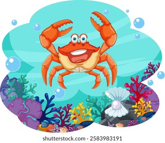 Happy crab surrounded by colorful underwater life