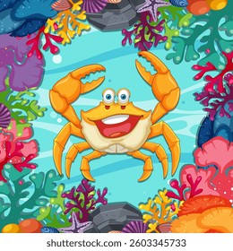Happy crab surrounded by colorful underwater coral scenery