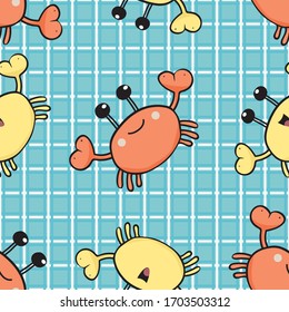 Happy crab vector seamless pattern background. Orange, yellow cartoon crustacean on blue plaid backdrop. Marine wildlife kawaii style. All over print for family summer vacation, beach holiday concept