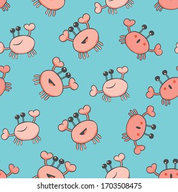 Happy crab vector seamless pattern background. Pink cartoon crustacean on ocean blue backdrop. Marine wildlife kawaii style design. All over print for family summer vacation, beach holiday concept