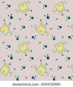 Happy crab vector seamless pattern background. Cartoon crustacean on bubble yellow backdrop. Marine wildlife kawaii style design. All over print for family summer vacation, beach holiday concept