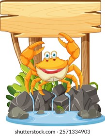 Happy crab waving near a wooden sign and waterfall