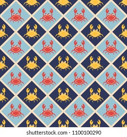 Happy crabs pattern, Seamless pattern with cartoon characters, vintage style