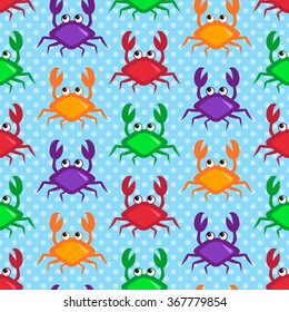 Happy crabs, Seamless colorful pattern with cartoon crabs, blue background with bubbles