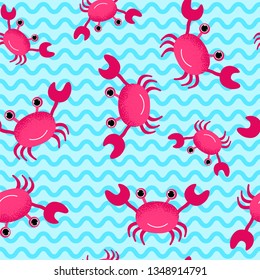 Happy crabs, Seamless nautical pattern with cute crabs and striped background