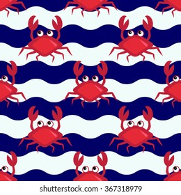 Happy crabs, Seamless nautical pattern with cute crabs and striped background