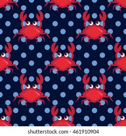 Happy crabs, Seamless pattern with cartoon characters, polka-dot background