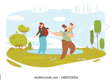 Happy Craft Family Having Fun on Nature near Lake. Green Meadow with Green Trees and Grass. Natural Backdrop. Father Carrying Son on Arms. Wife Holding Husbands Hand. Ecological Vector Illustration