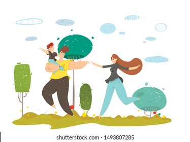 Happy Craft Family with Kid Running on Meadow in Forest Illustration. Walk on Fresh Air, Rest Time, Spending Holidays Together. Vector Flat Natural Scene. Cartoon Smiling People and Child.