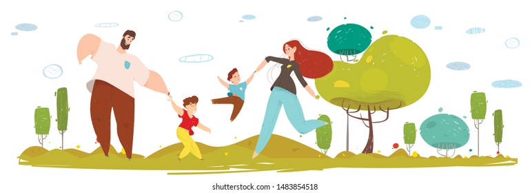 Happy Craft Family on Nature Flat Cartoon Portrait. Father and Mother Play with Kids on Nature. Parents and Children Have Fun in Forest or Garden. People in Traditional Clothes. Vector Illustration