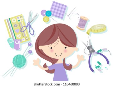 Happy Crafter aÂ?Â? Female with many Craft Icons Cute and fun illustration featuring knitting, scrapbooking, sewing, jewellery making