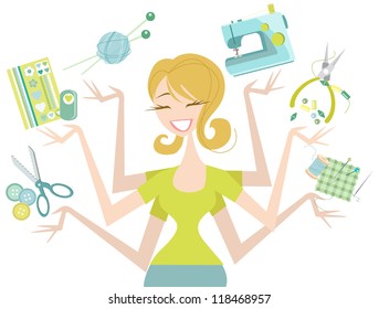 Happy Crafter aÂ?Â? Female with many Craft Icons Cute and fun illustration featuring knitting, scrapbooking, sewing, jewellery making