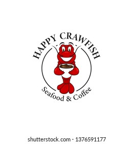 Happy crawfish with coffee logo mascot, red crawfish lobster illustration smiles and holds cup 