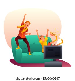 Happy crazy male fans rejoicing at goal scored. Men sitting on couch with snacks in dish. Guys watching sport match game on TV at home. Sofa and TV-set interior. Vector cartoon flat illustration