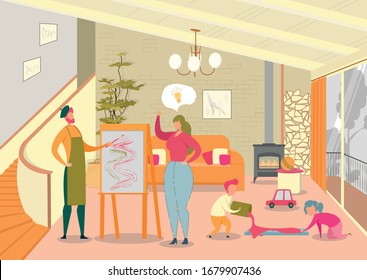 Happy Creative Artist Family with Children Lifestyle. Man Husband Painting Picture on Canvas. Woman Wife Having Idea. Preschool Kid Drawing with Paint on Floor. Fun at Home. Vector Illustration
