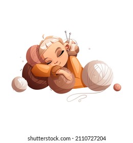 Happy creative cartoon girl fell asleep on balls of wool. Detailed vector illustration.