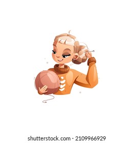A happy creative cartoon girl is holding a large ball of wool in her hands. Detailed vector illustration.