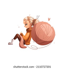Happy creative cartoon girl knitting sitting next to a huge ball of wool.