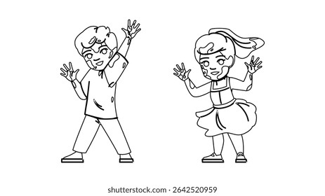 happy creative craft kids vector. paper school, education paint, girl drawing happy creative craft kids character. people black line pencil drawing illustration