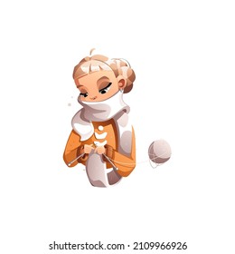 A happy creative girl is knitting a white scarf. Hobby. Detailed vector illustration.