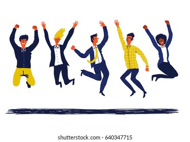 Happy creative  group of business people jumping. The concept of  business success, friendship. Illustration of successful team. Vector creative illustration on white background.