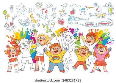 Los niños creativos felices se ensuciaron con pintura al dibujar con lápiz, lápiz y pinturas. Manchas de colores en el fondo. Personajes lindos de niños y niñas dibujando garabatos con tiza. Ilustración vectorial