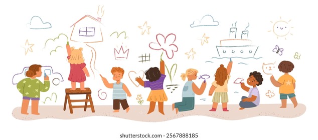 Happy creative kids painting with colored crayon drawing on wall. Vector in flat style, boys and girls preschool characters or pupils with pencils making scribbles. Drawn house and flowers, nature car