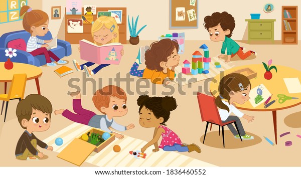 Happy Creative Kids Play Educational Toys Stock Vector (Royalty Free ...