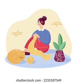 Happy creative woman knitting near houseplant at home. Hobby courses or workshops for learning knitting. Stay home activity, quarantine concept. Flat vector illustration.