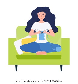 Happy creative woman knitting at sofa. Hobby courses or workshops for learning knitting. Stay home activity, quarantine concept. Flat vector illustration.