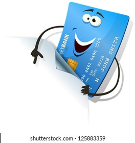 Happy Credit Card Showing Blank Sign/ Illustration of a cartoon happy funny blue credit card character showing blank page corner for your retail advertisement
