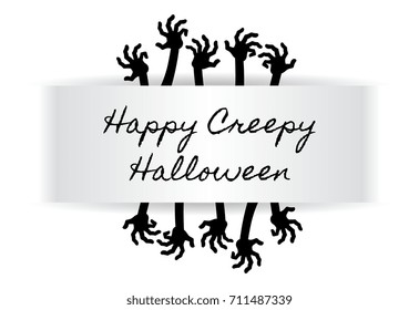 Happy creepy halloween corpse hands on white banner vector illustrator