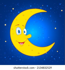 Happy crescent moon cartoon design icon. Smile crescent moon cartoon isolated on starry night background. Crescent moon cartoon on night background