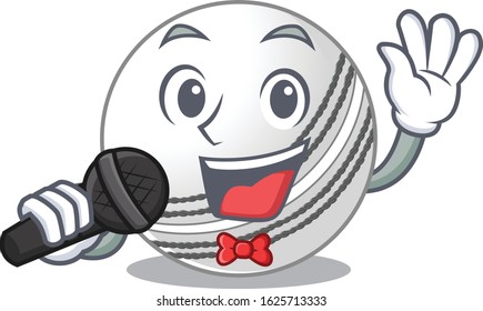 Happy cricket ball singing on a microphone