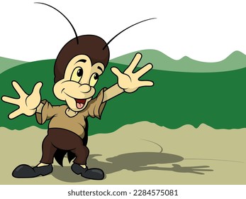 Happy Cricket with Open Arms - Colored Cartoon Illustration with Background, Vector