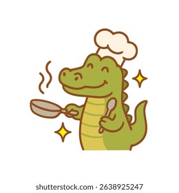 A happy crocodile chef cooking with a frying pan and a spoon.