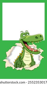 Crocodilo feliz emergindo de uma moldura de papel rasgada