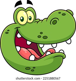 Happy Crocodile  Face Cartoon Character. Vector Hand Drawn Illustration Isolated On Transparent Background