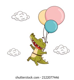 Happy crocodile flies on colorful balloons near the clouds. Vector illustration for designs, prints and patterns. Isolated on white background