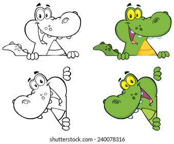 Happy Crocodile Over Sign. Vector Collection Set