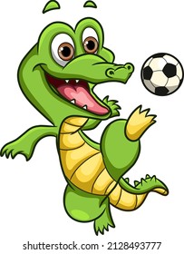 The happy crocodile is playing the soccer and kick the ball of illustration