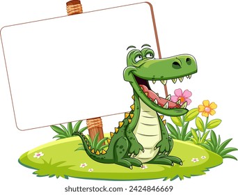 Happy crocodile presenting an empty sign in nature