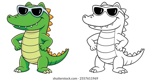 Happy Crocodile Wearing Eyeglasses Cartoon Coloring Page For Kids. Animal Cartoon Coloring Book Printable
