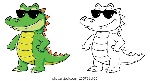 Happy Crocodile Wearing Sunglasses Cartoon Coloring Page For Kids. Animal Cartoon Coloring Book Printable
