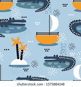 Happy crocodiles, boats, hand drawn backdrop. Colorful seamless pattern with animals. Decorative cute wallpaper, good for printing. Overlapping background vector. Design illustration