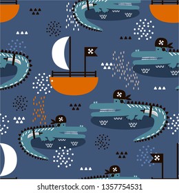 Happy crocodiles - pirates, boats, hand drawn backdrop. Colorful seamless pattern with animals. Decorative cute wallpaper, good for printing. Overlapping background vector. Design illustration