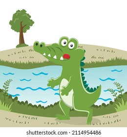 Happy crocodiles in a swamp. Vector illustration. Animal cartoon concept isolated. Can used for t-shirt, greeting card, invitation card or mascot.