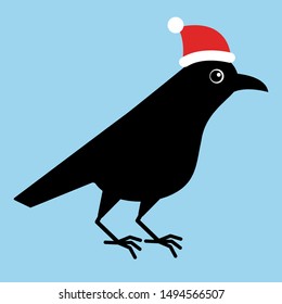 Happy crow wearing christmas cap isolated on blue background. Happy New Year illustration