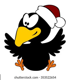 Happy crow wearing christmas cap isolated on white background